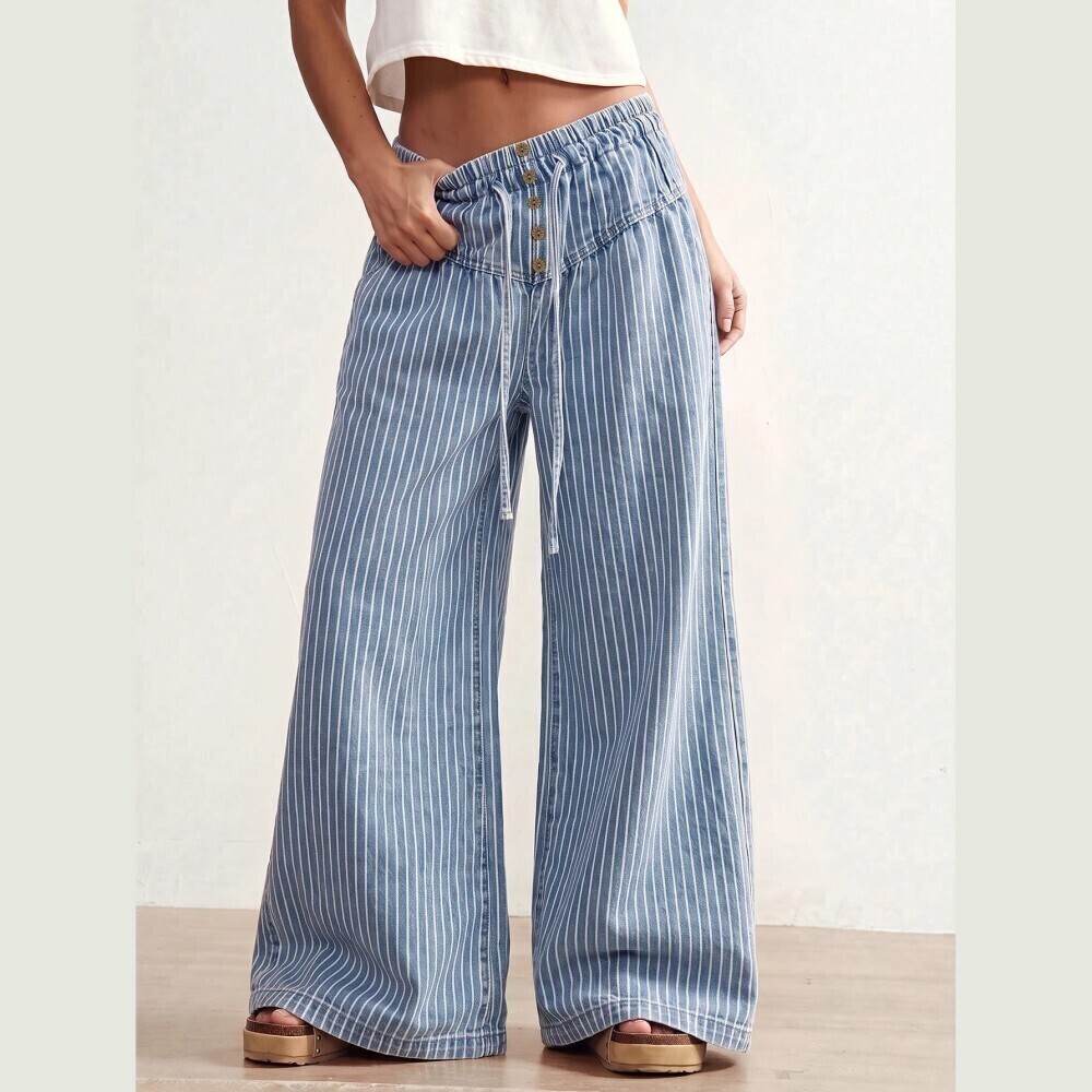 Blue Pinstripe Jean Denim Drawstring Wide Leg Long Pants